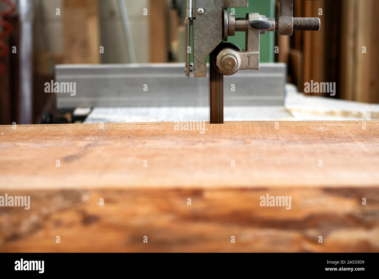 Sawing wood using a band saw in a woodworking or carpentry workshop in a close up on the wooden plank and the band of the saw Stock Photo