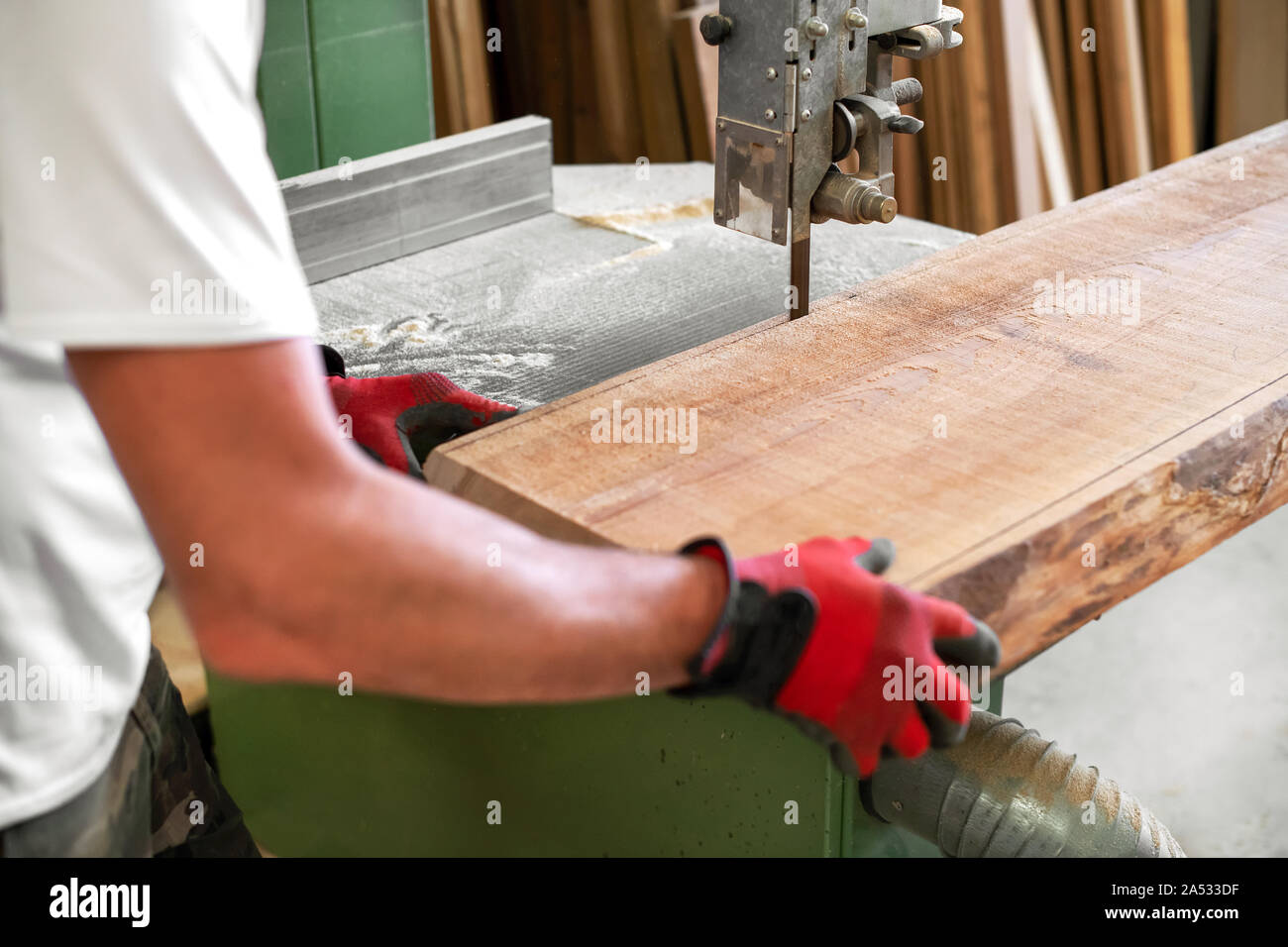 Carpenter cutting a wooden plank on a band saw guiding it with his hands with selective focus to the blade in a woodworking workshop in a close up on Stock Photo