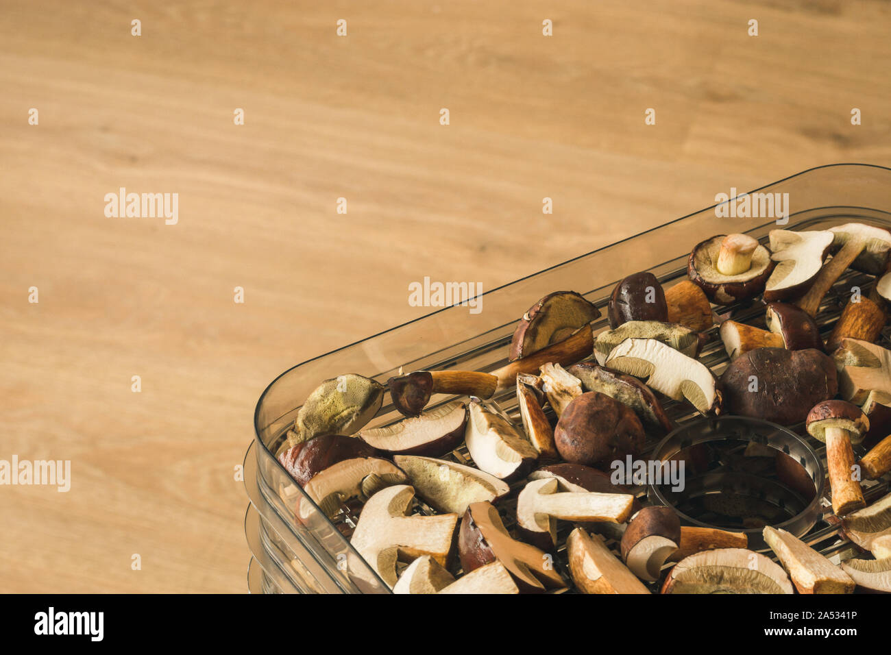 Vegetables dryer on wooden table with wooden background. Preparing for drying mushrooms. Stock Photo