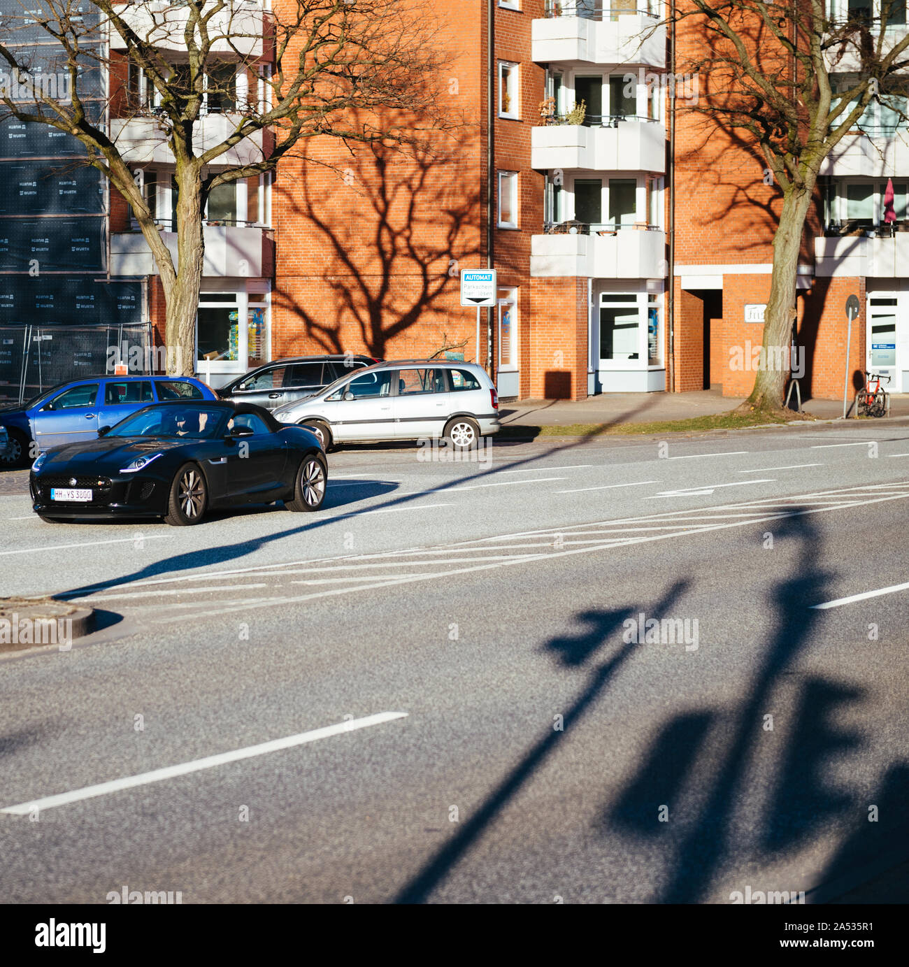 Hamburg, Germany Mar 2018 Jaguar coupe car driving fast on German