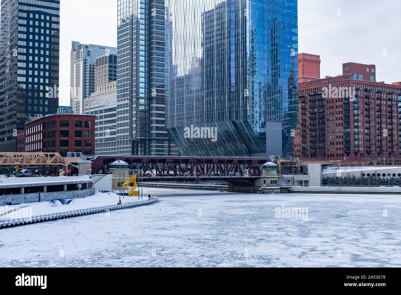 Chicago River Frozen Over during a Polar Vortex and the Lake Street Bridge Stock Photo