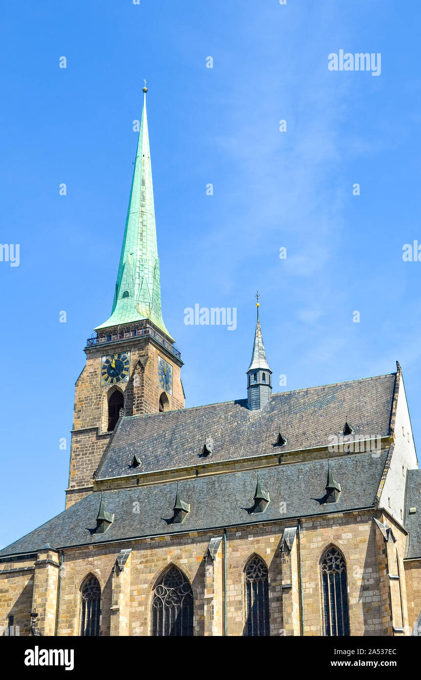 Close up picture of Gothic Saint Bartholomew Cathedral in Pilsen, Czech Republic. Historic cathedral in the old town. The city is known as Plzen in Czech and is famous for its beer. Bohemia, Czechia. Stock Photo