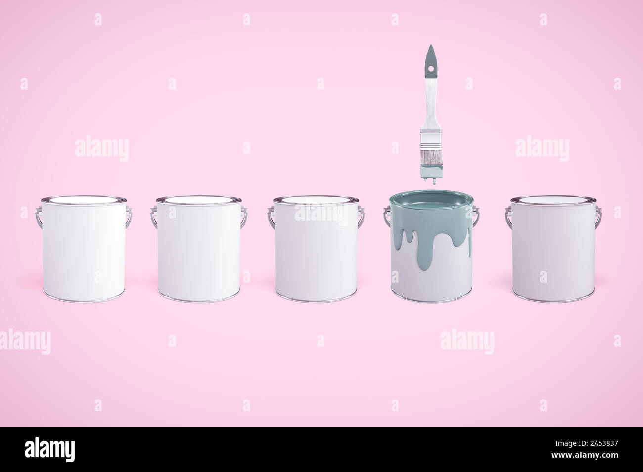 3d rendering of five cans of paint in a row, one of them open with grey