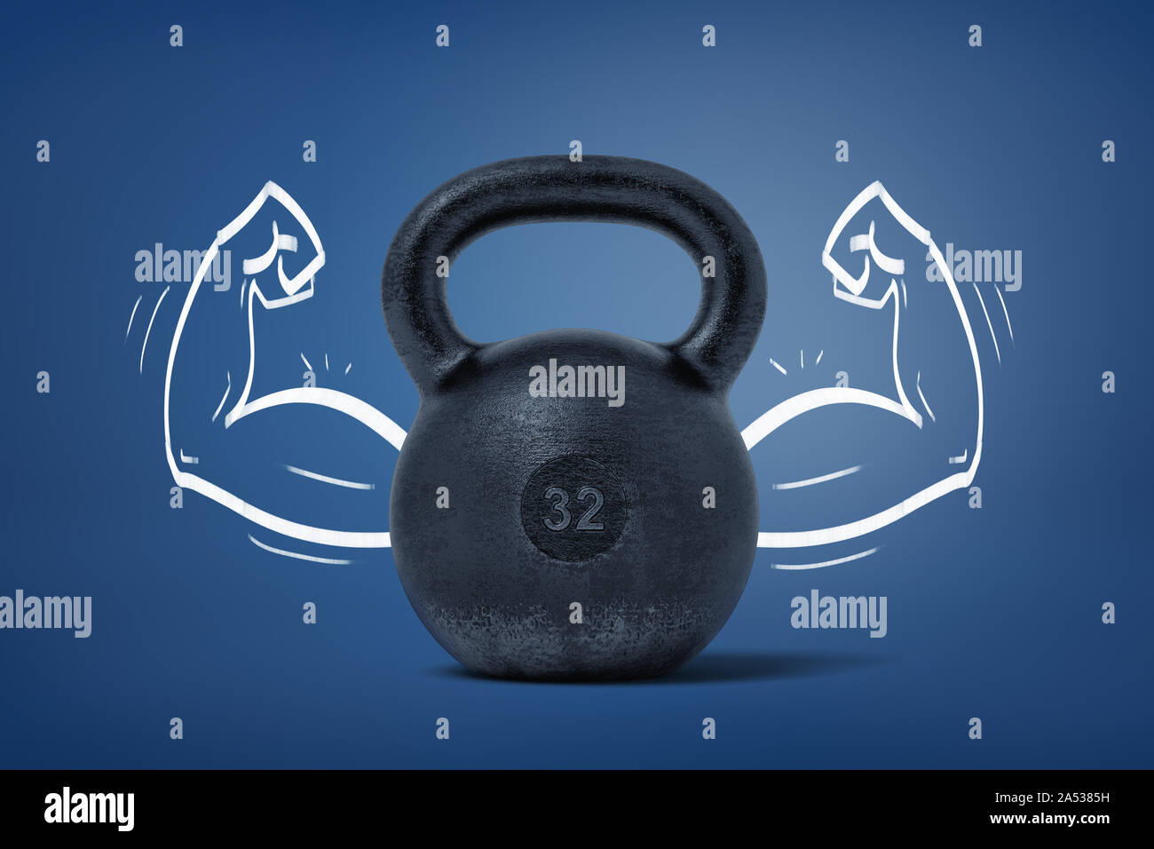 3d rendering of a large black kettlebell for 32 kg with drawn muscular arms  on both sides from it Stock Photo - Alamy