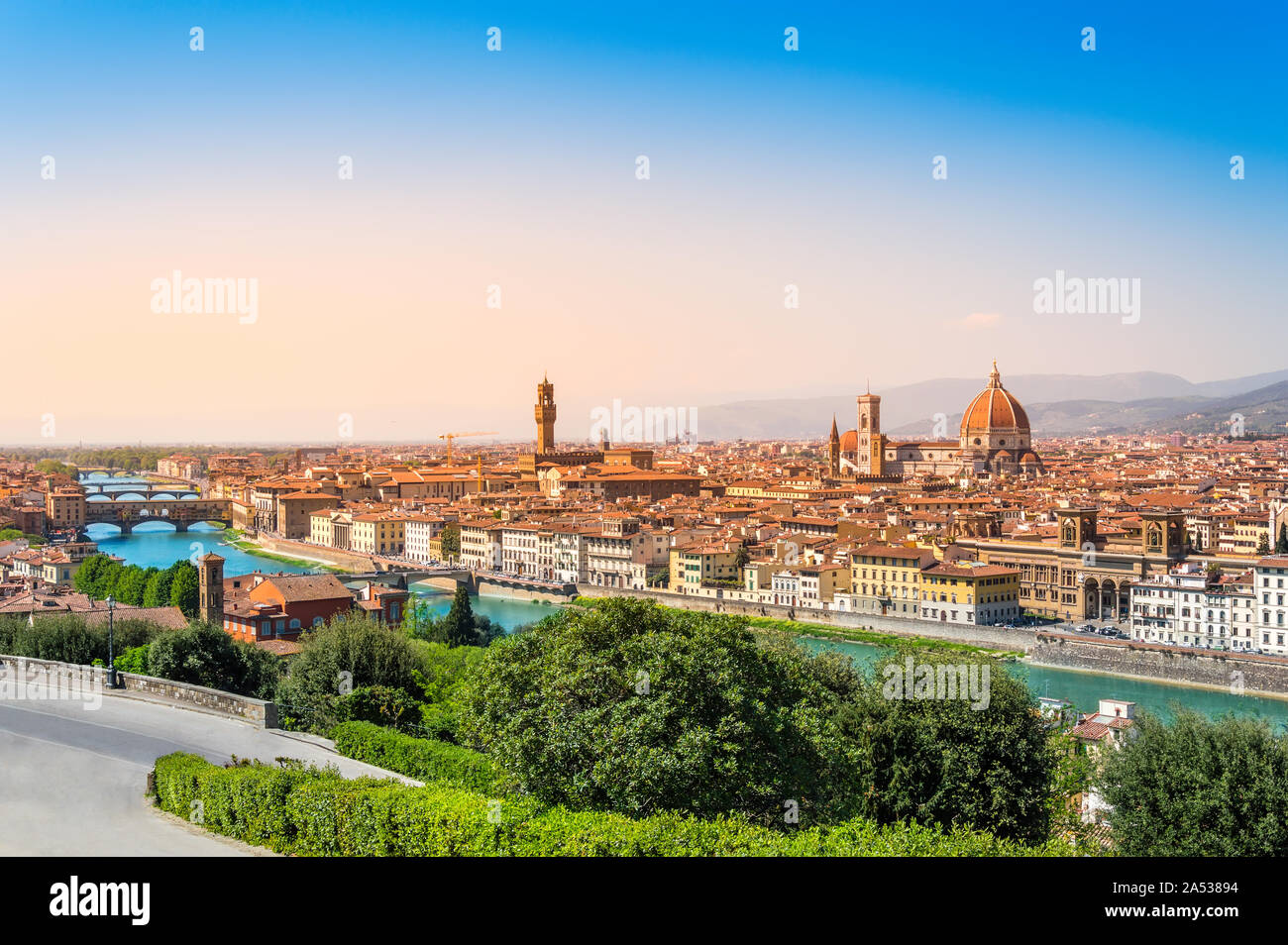 Florence, Italy: view on Florence old town and skyline with Cathedral of Santa Maria del Fiore, Palazzo Vecchio and Arno river with Ponte Vecchio from Stock Photo