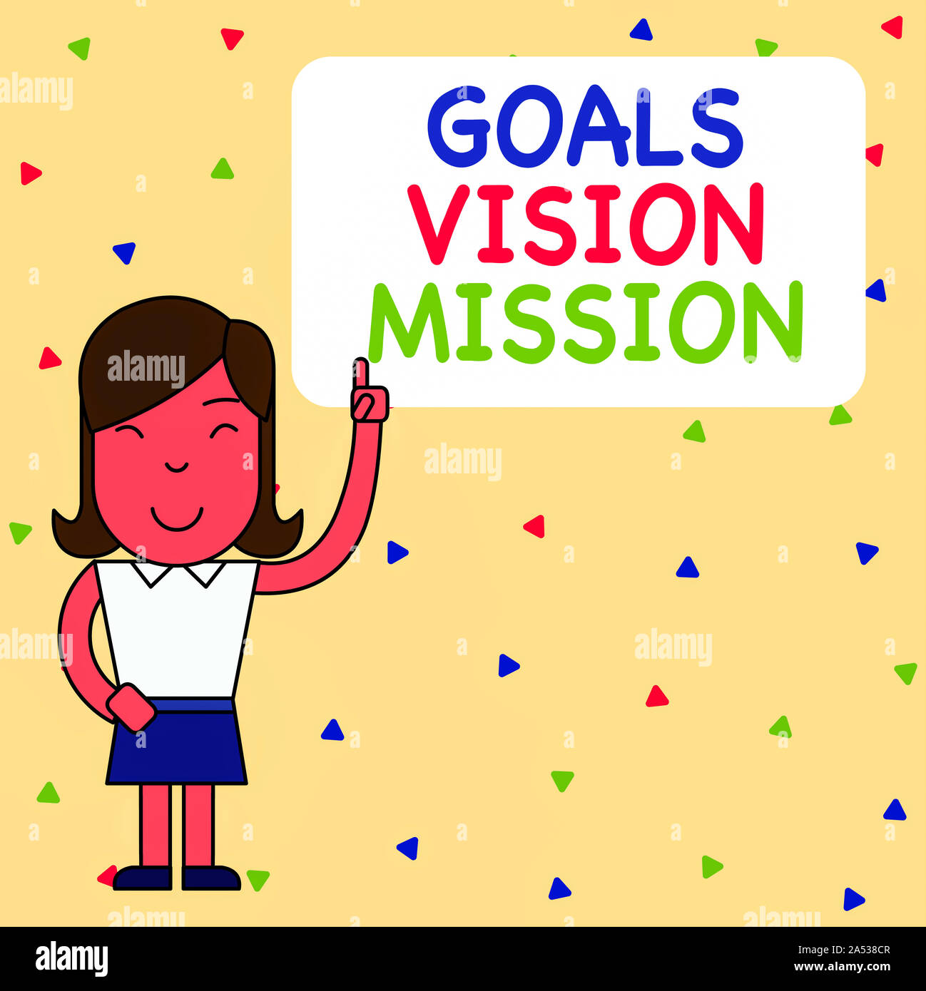 Word writing text Goals Vision Mission. Business photo showcasing practical planning process used to help community group Woman Standing with Raised L Stock Photo