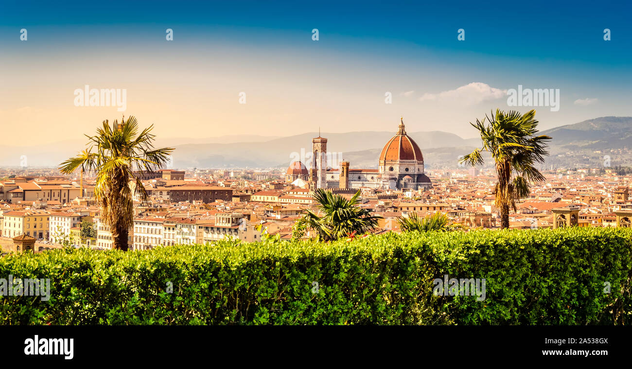 Florence, Italy: panoramic view on Florence old town and skyline with famous tourist attractions Duomo Cathedral of Santa Maria del Fiore, Bell tower, Stock Photo