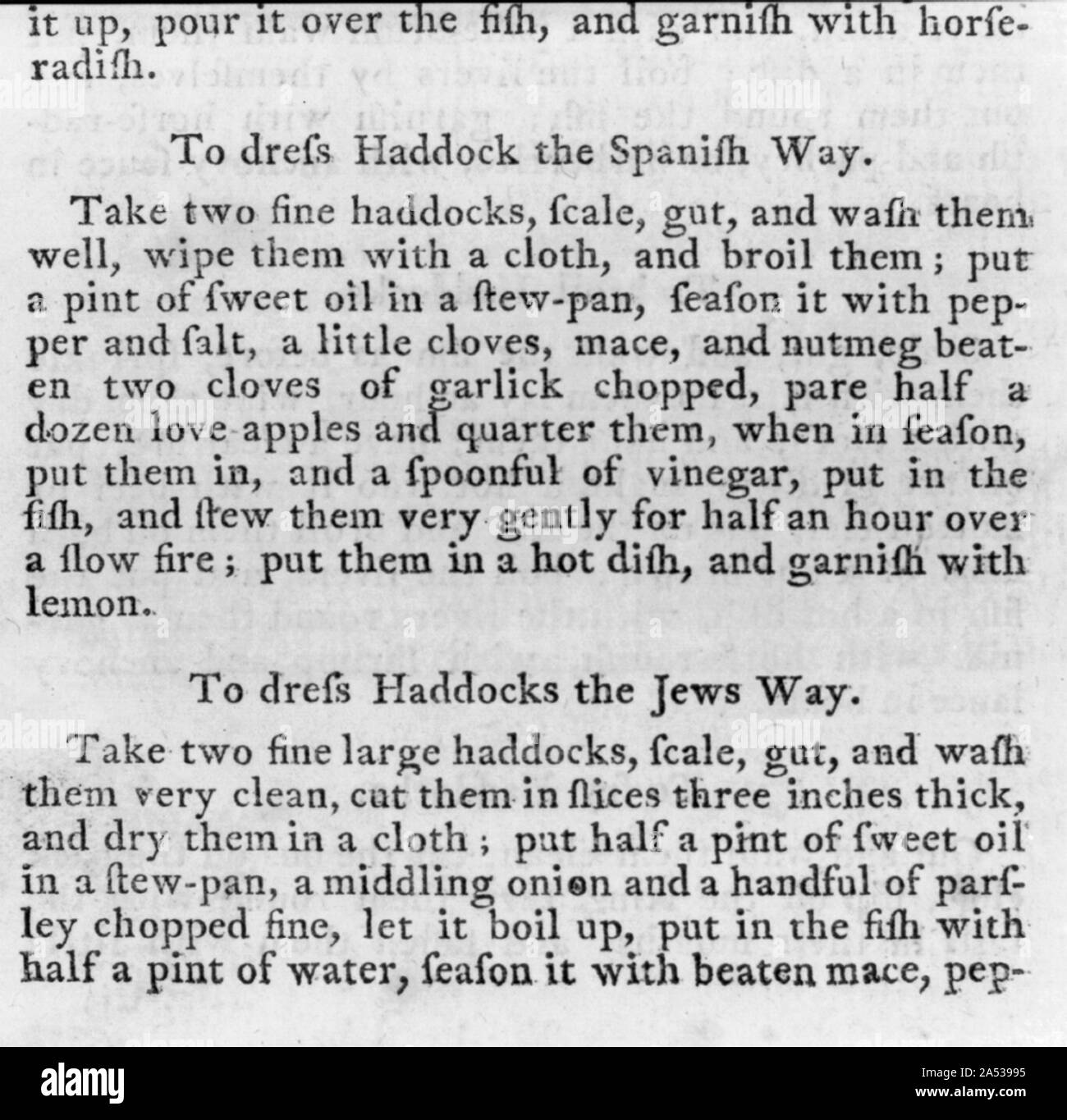 Two recipes for haddock from the first American edition of Richard Briggs' The New Art of Cookery (1792). To dress Haddock the Spanish Way, prepared with the love apple or tomato, and To dress Haddock the Jews Way prepared with sweet oil, onion and parsley Stock Photo