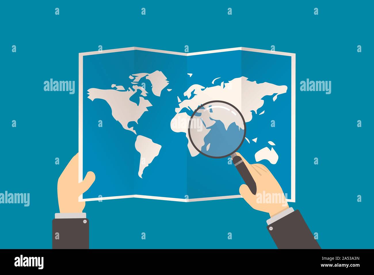 hands hold a map, the executive looks at his destination through a magnifying glass. Business trip Stock Photo