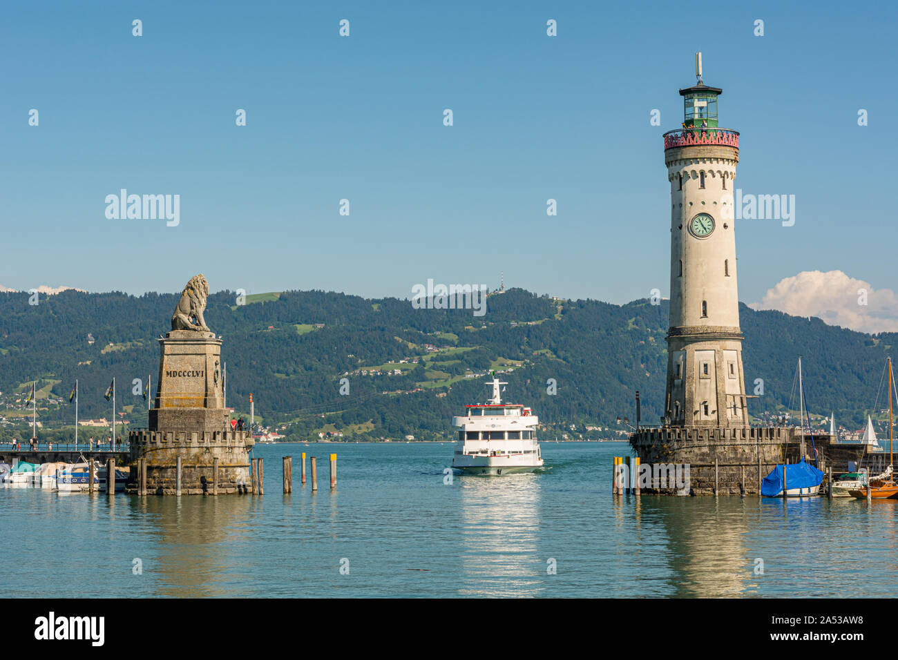 Picturesque lake port with famous bavarian lion entrance. Stock Photo