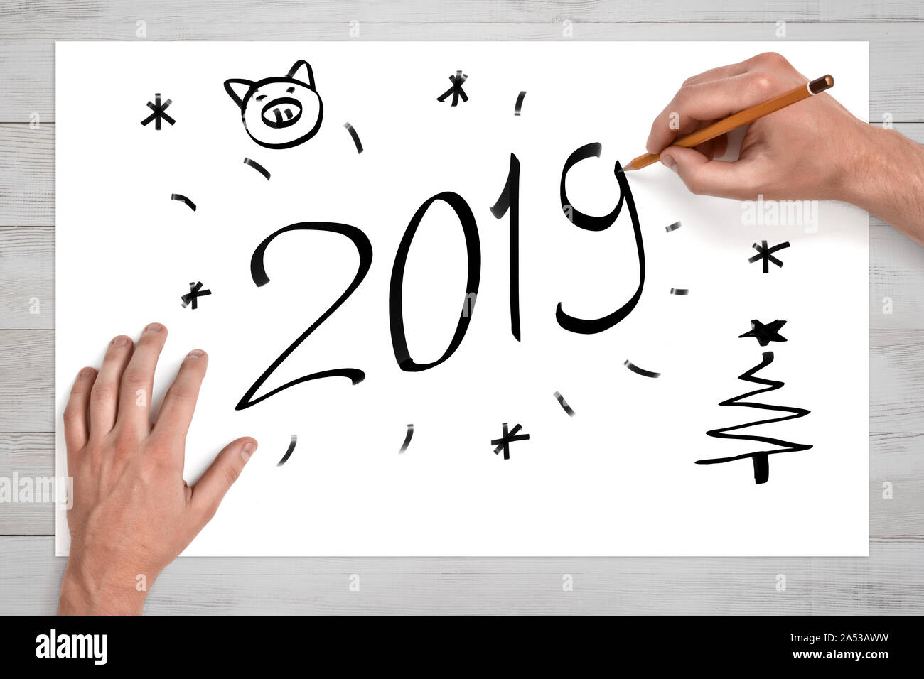 Male hands holding pencil above white sheet of paper with '2019' sign, pig face, christmas tree and snowflakes drawn on Stock Photo