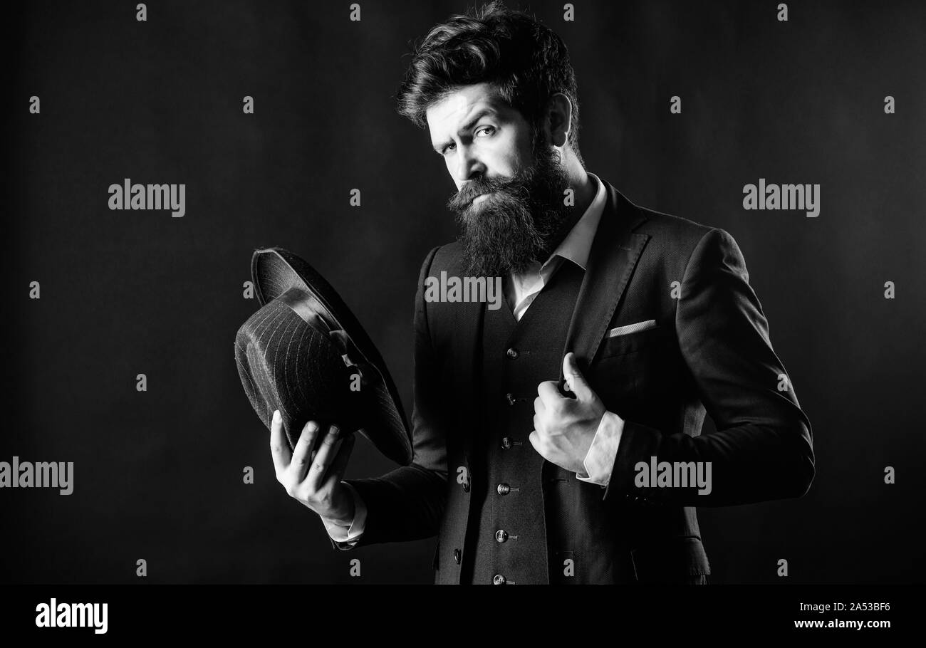 Elegant and stylish hipster. Retro fashion hat. Man with hat. Vintage