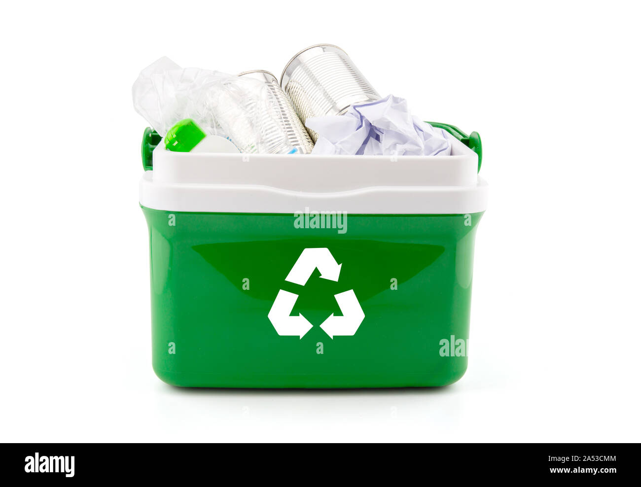 A recycle bin with plastic bottles, paper and other plastic items isolated on white background. Stock Photo