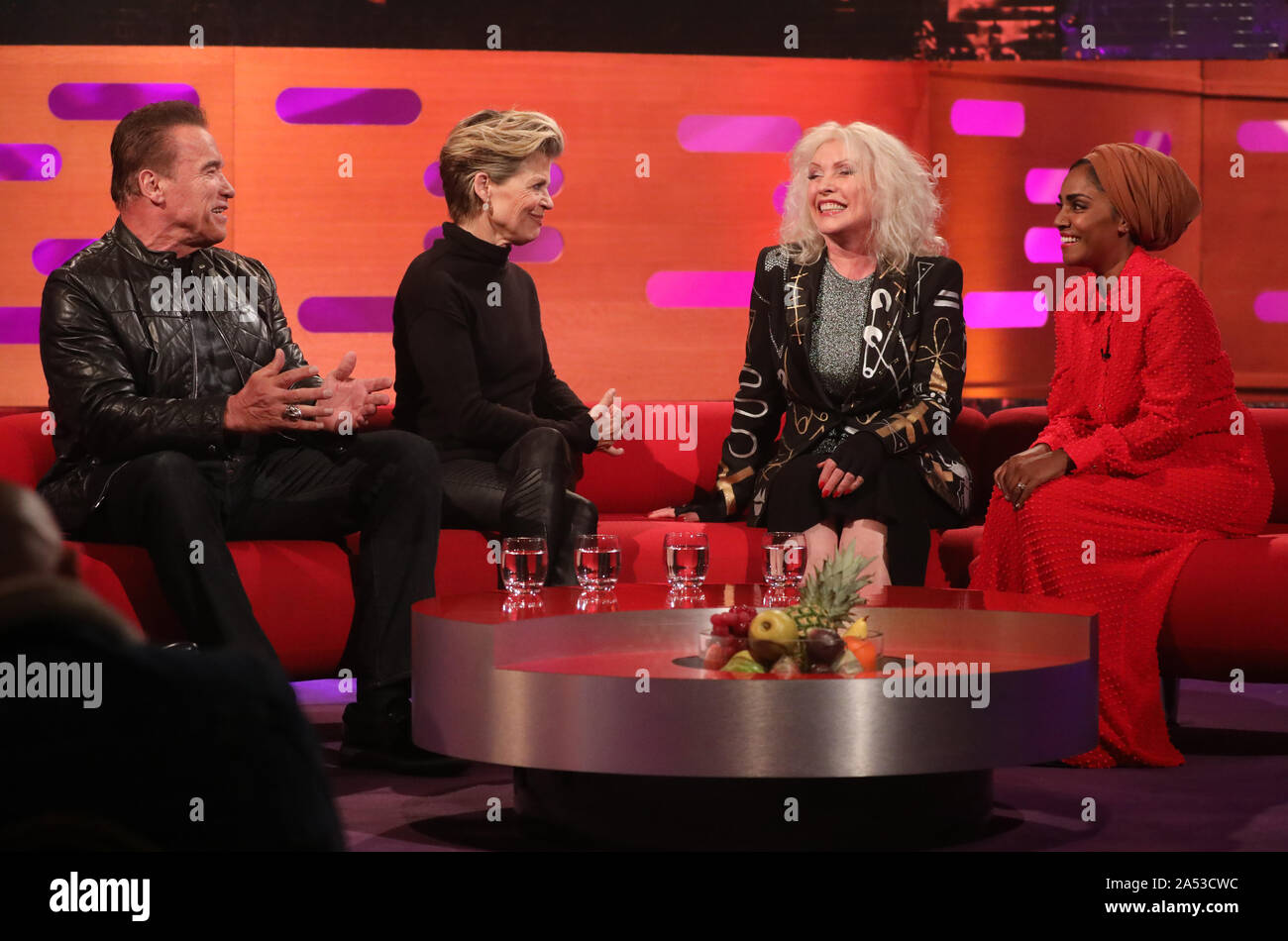 (left to right) Arnold Schwarzenegger, Linda Hamilton, Debbie Harry and Nadiya Hussain, during the filming for the Graham Norton Show at BBC Studioworks 6 Television Centre, Wood Lane, London, to be aired on BBC One on Friday evening. Stock Photo