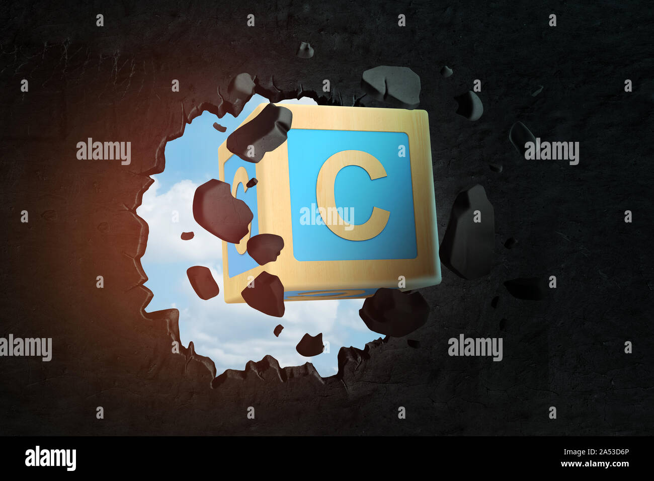 3d closeup rendering of blue ABC block with letter C breaking hole in black wall with blue sky seen through hole. Stock Photo