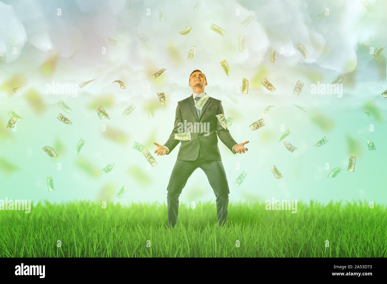 A happy businessman standing on a green lawn with a rain of dollar bills falling upon him from the cloudy sky. Stock Photo