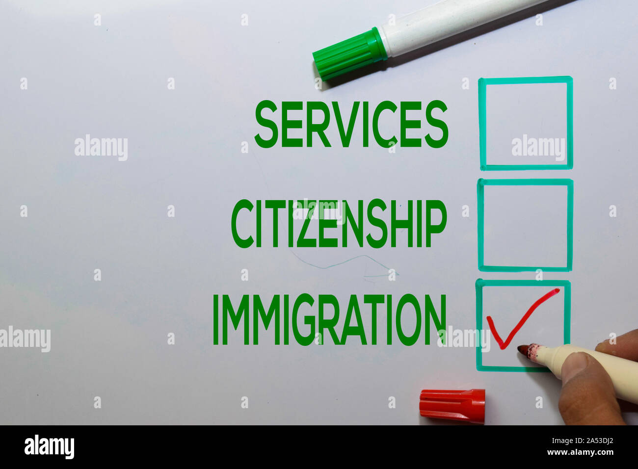 Services. Citizenship, Immigration with red checklist write on white board background. Stock Photo
