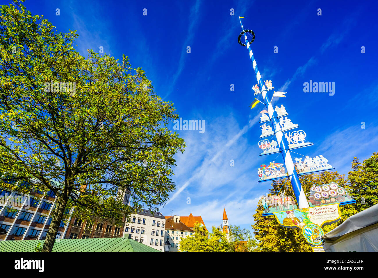View on Maypole at Viktualienmarkt in Munich, Germany Stock Photo