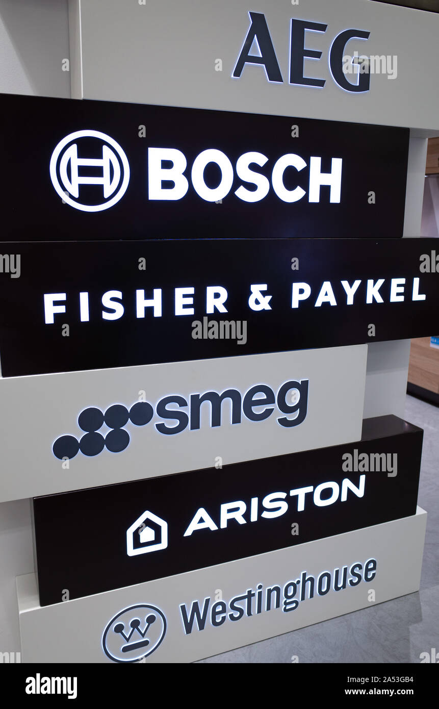 The logos of some electrical equipment brand and appliance manufacturer in a store. Melbourne, VIC Australia Stock Photo