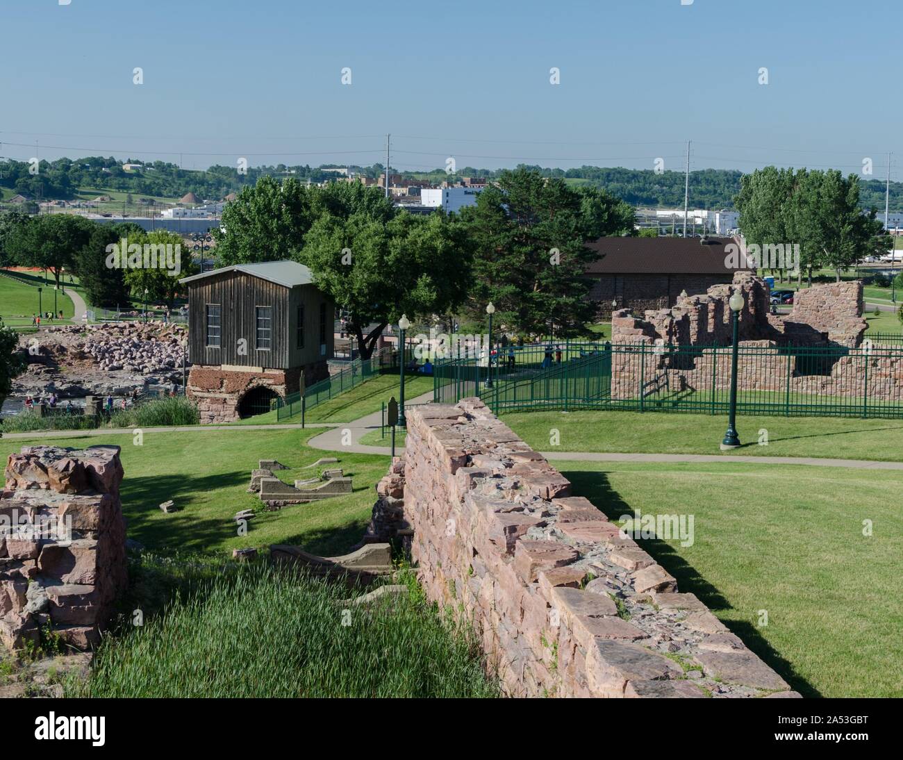 Part of the historic remains at Falls Park in Sioux Falls South Dakota, USA. Notice the supports for water pipes embedded in the ground. Stock Photo