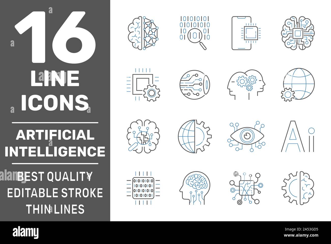 Artificial Intelligence, vector Line Icons Set. Editable Stroke. EPS 10 Stock Vector