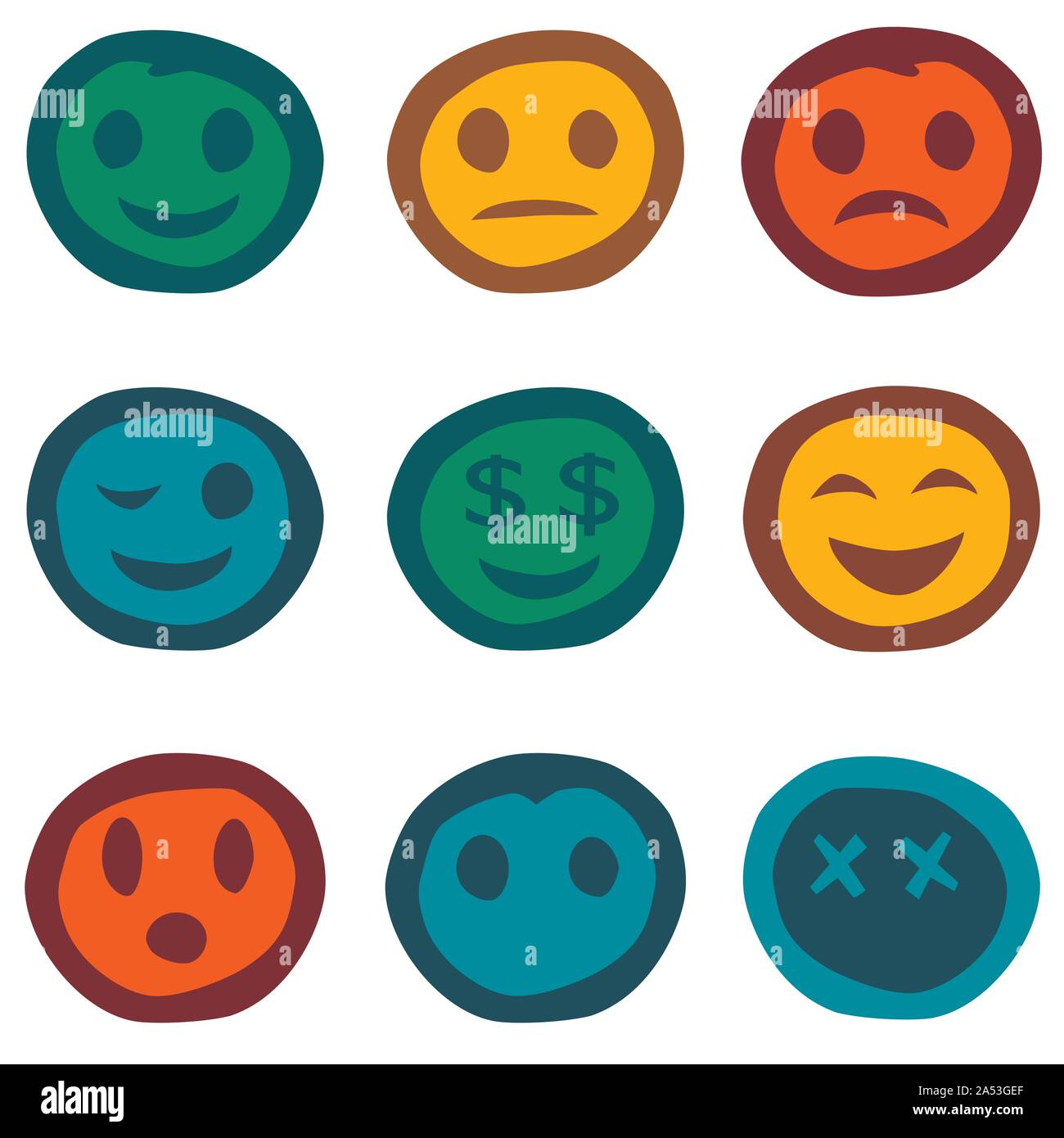 set 9 simple heads with faces emotions  by jziprian Stock Vector
