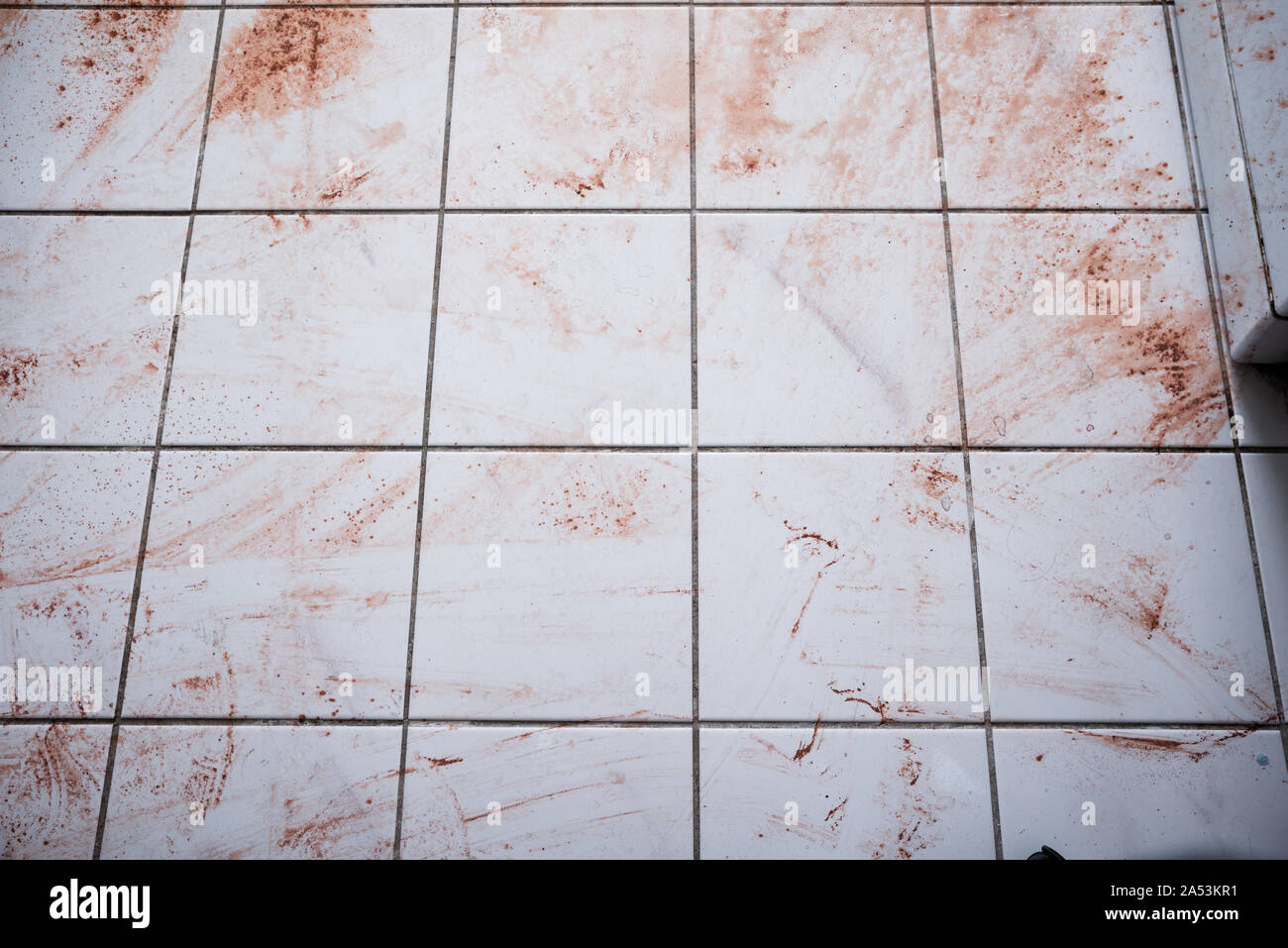 Tiled Floor With Spilled Food In Kitchen Stock Photo