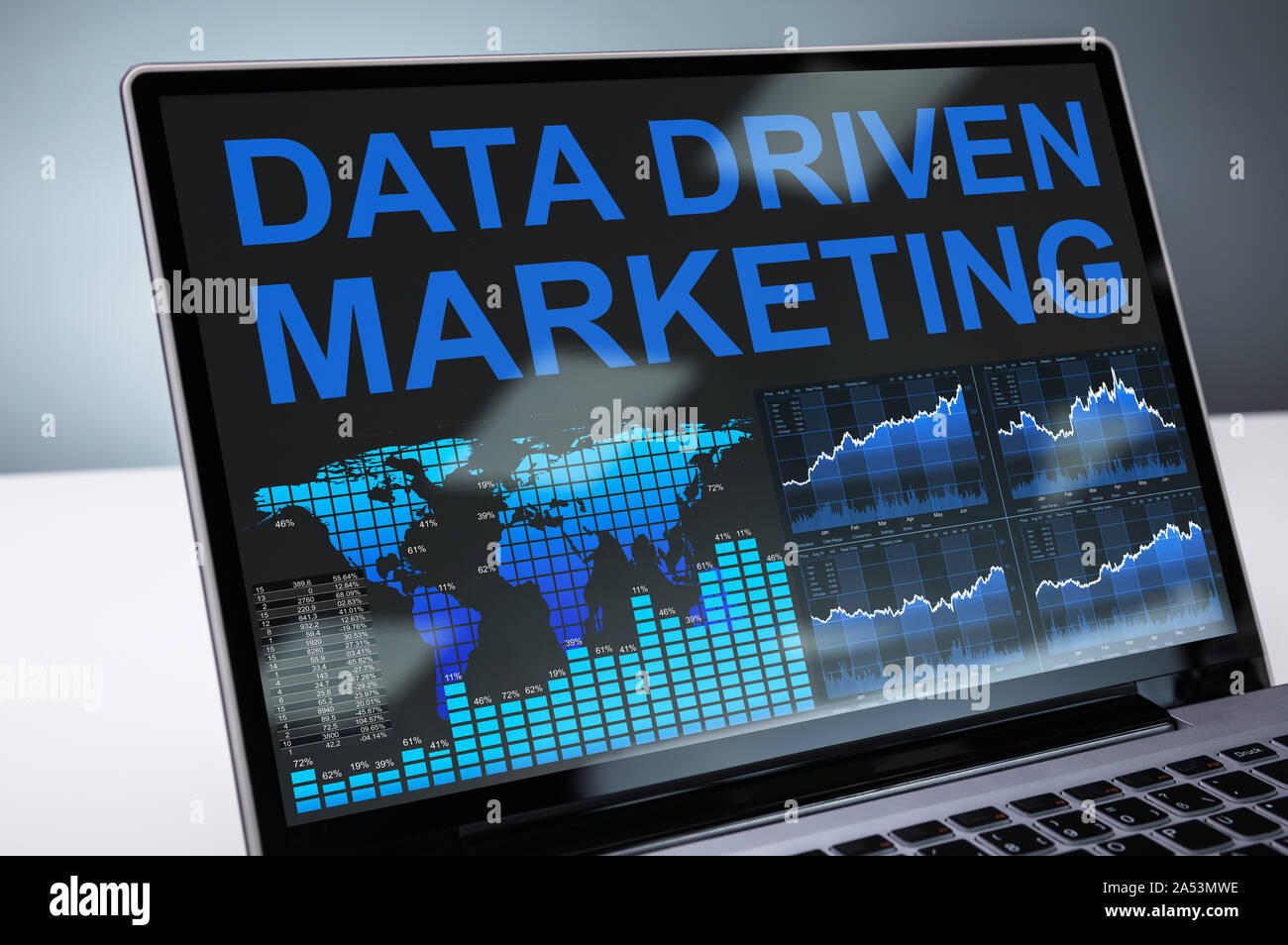 Data Driven Marketing Graph On Laptop In Office Stock Photo