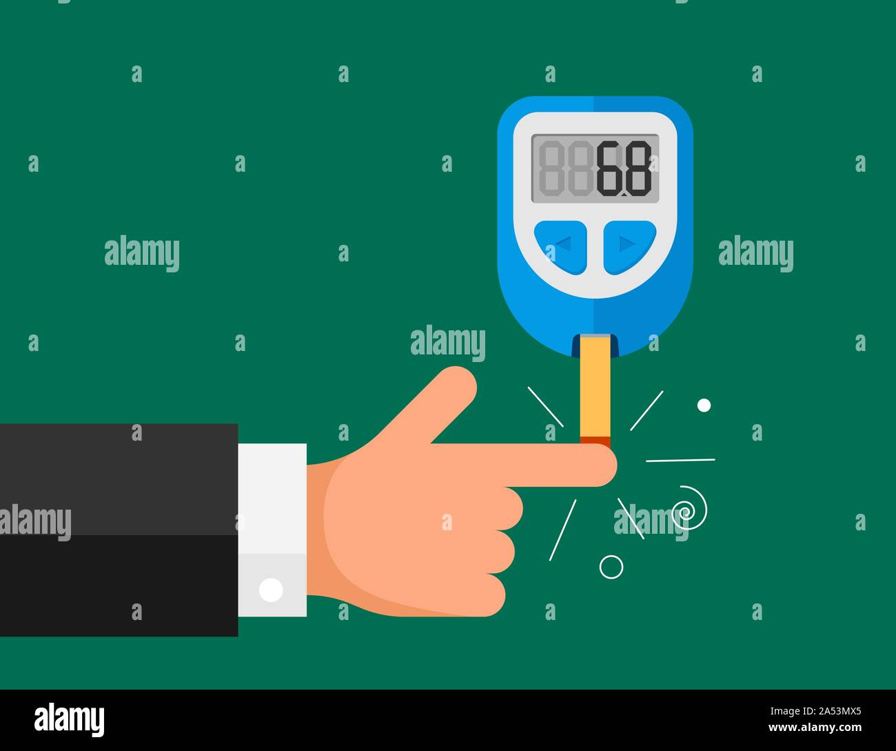 Blood glucose meter measuring sugar test control device. Electronic monitor glucometer with diabetic patient hand finger. Medical vector diabetes self control illusrtation Stock Vector