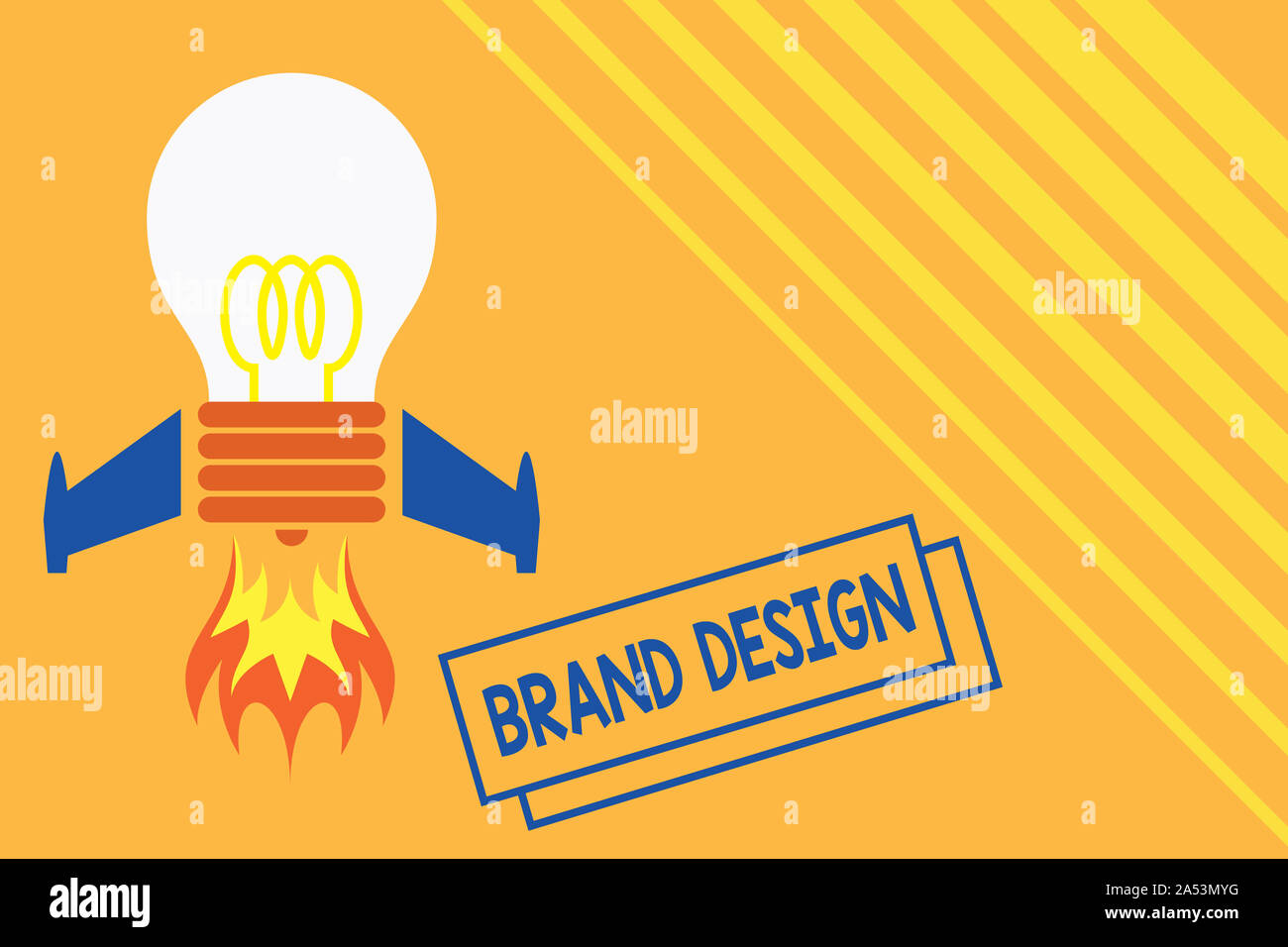 Conceptual hand writing showing Brand Design. Concept meaning visual elements that make up the corporate or brand identity Top view launching bulb roc Stock Photo