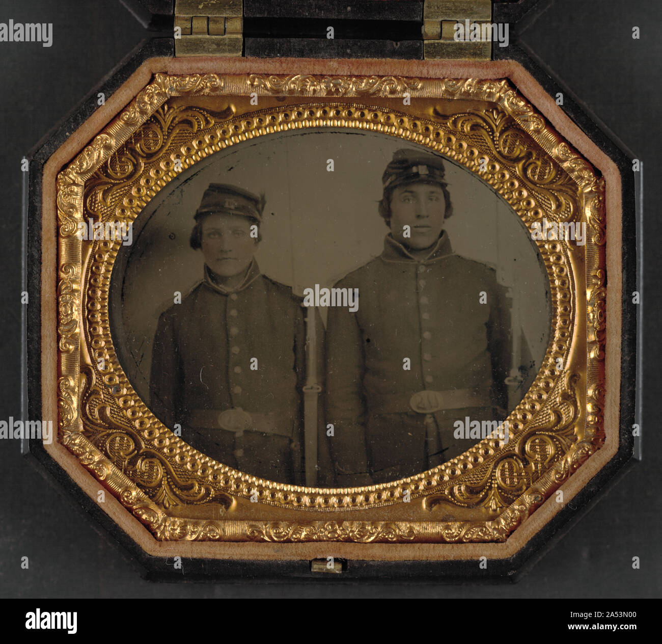 Two unidentified soldiers in Union uniforms and forage caps with ...