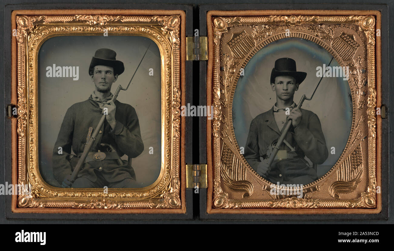 Two unidentified soldiers in Union uniforms with bayoneted muskets ...
