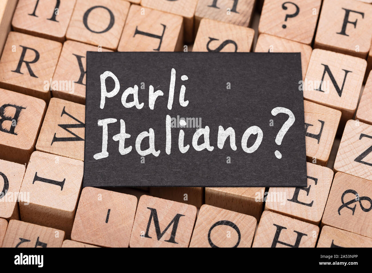 Speak Italian Question On Small Letter Wooden Blocks Stock Photo