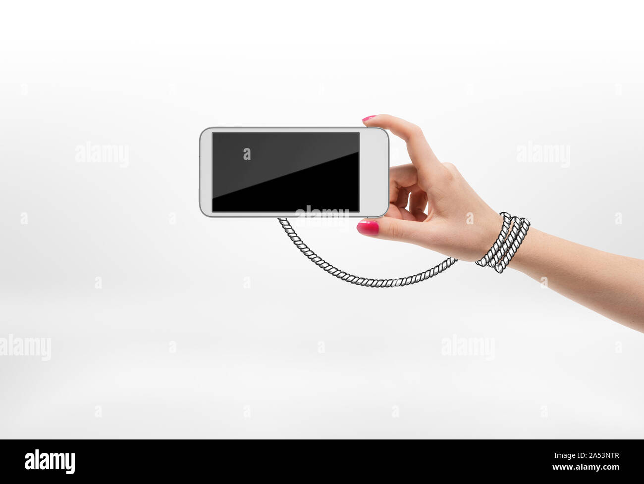 Woman holding mobile phone with drawn rope wrapped around her hand on white background. Stock Photo