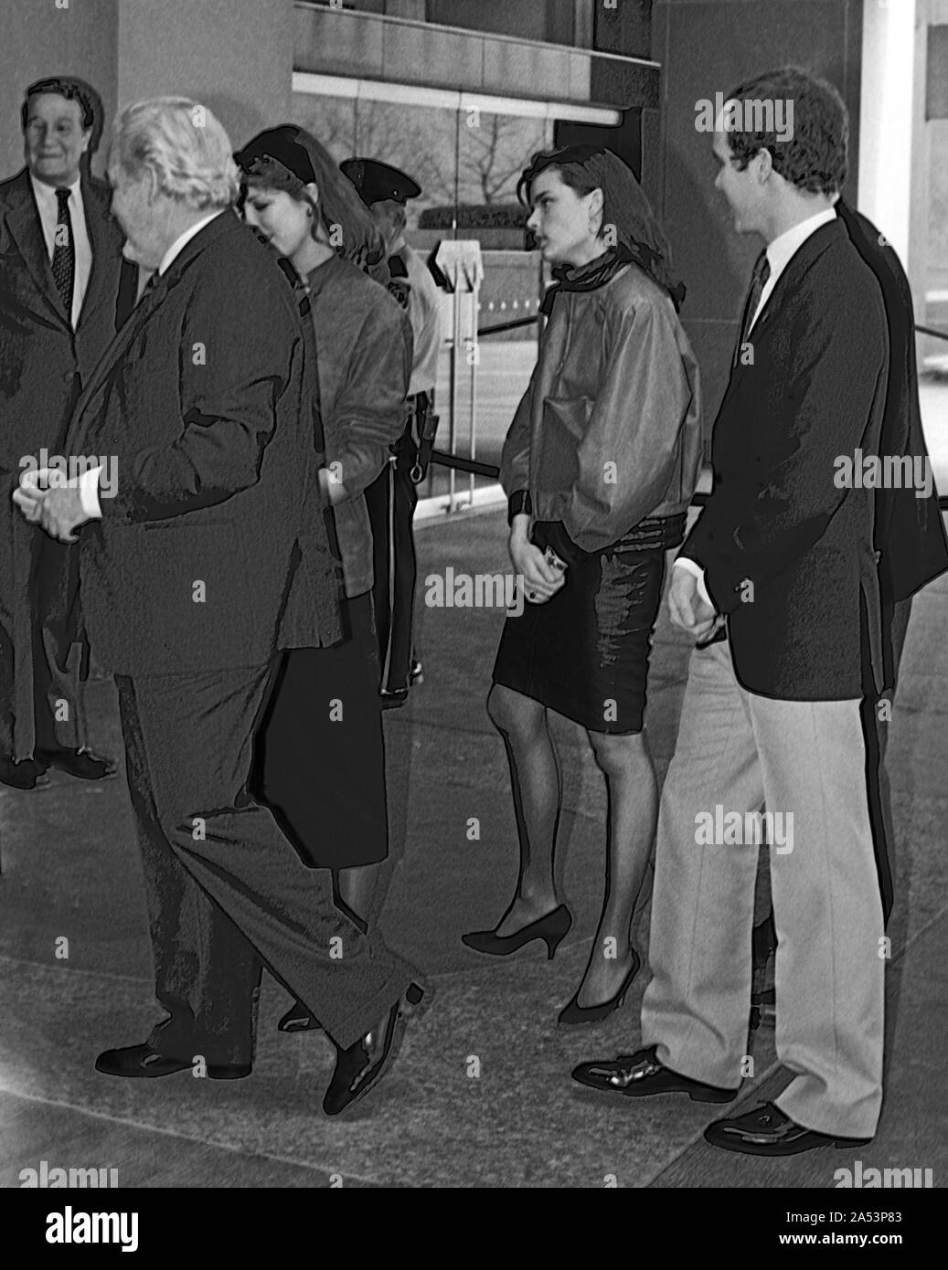 Washington DC, USA, February 19, 1984 Princess Grace Foundation luncheon at the United States State Department, Prince Rainier III (left) Princess Caroline, (center) Princess Stephanie (2nd from right) and Prince Albert (right) arrive at the reception Stock Photo