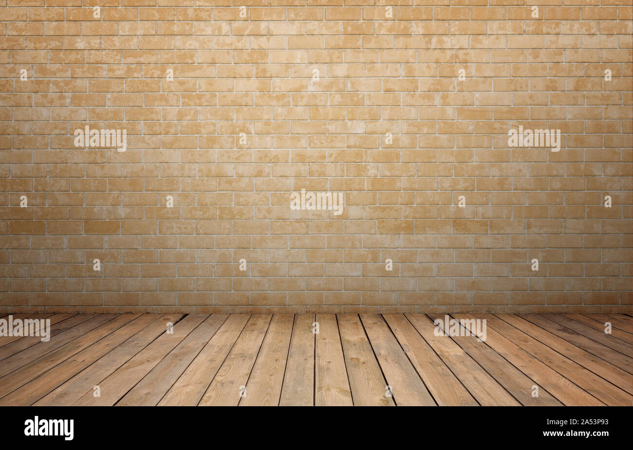 Rendering of interior with yellow brick wall and wooden floor Stock ...
