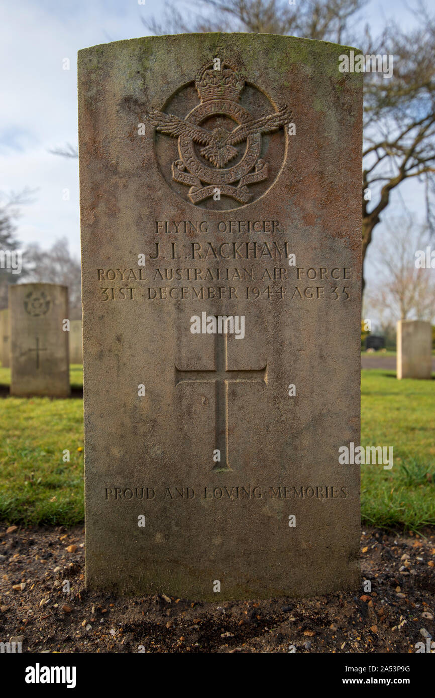 Commonwealth War Graves Commission Grave of John Leonard Rackham of the Royal Australian Air Force, Haycombe Cemetery, Bath Stock Photo