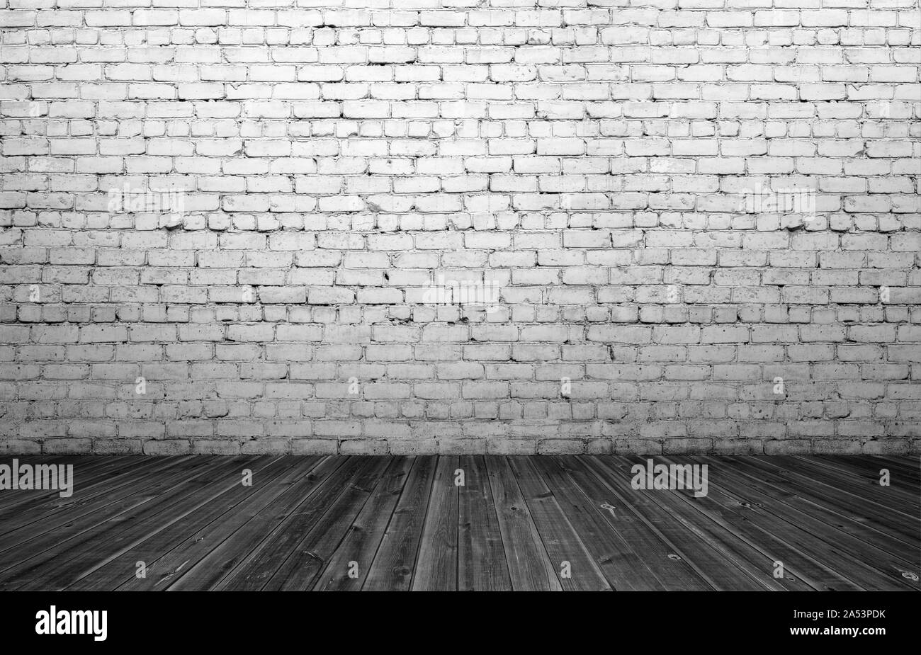 Rendering of interior with old white brick wall and wooden floor Stock