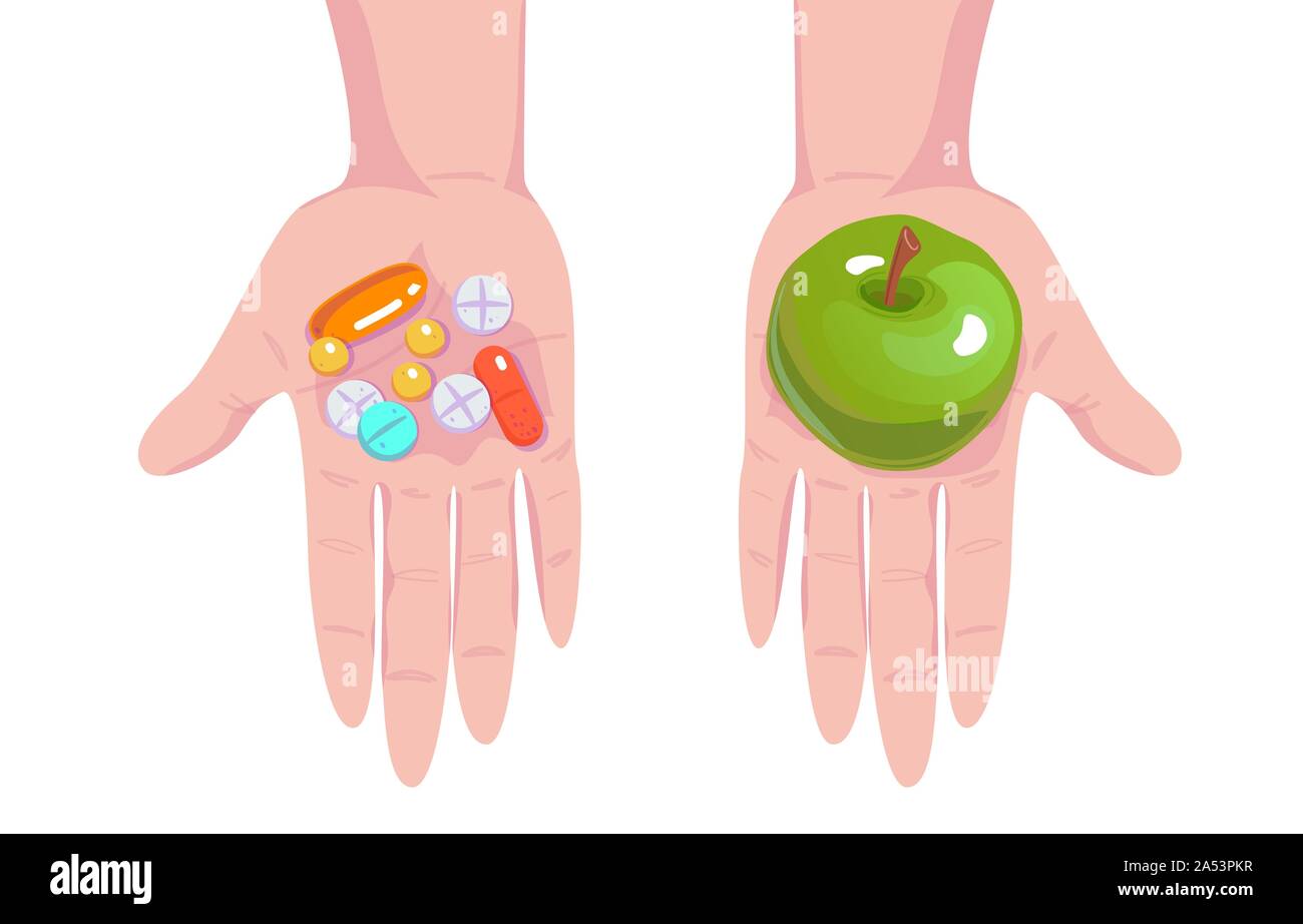 Choosing between medicine pills and natural treatment. Making decision between organic nutrition and medical tablets. Vegetables vs pharmacy drug. Diet food concept. Apple or pill on palms isolated white Stock Vector