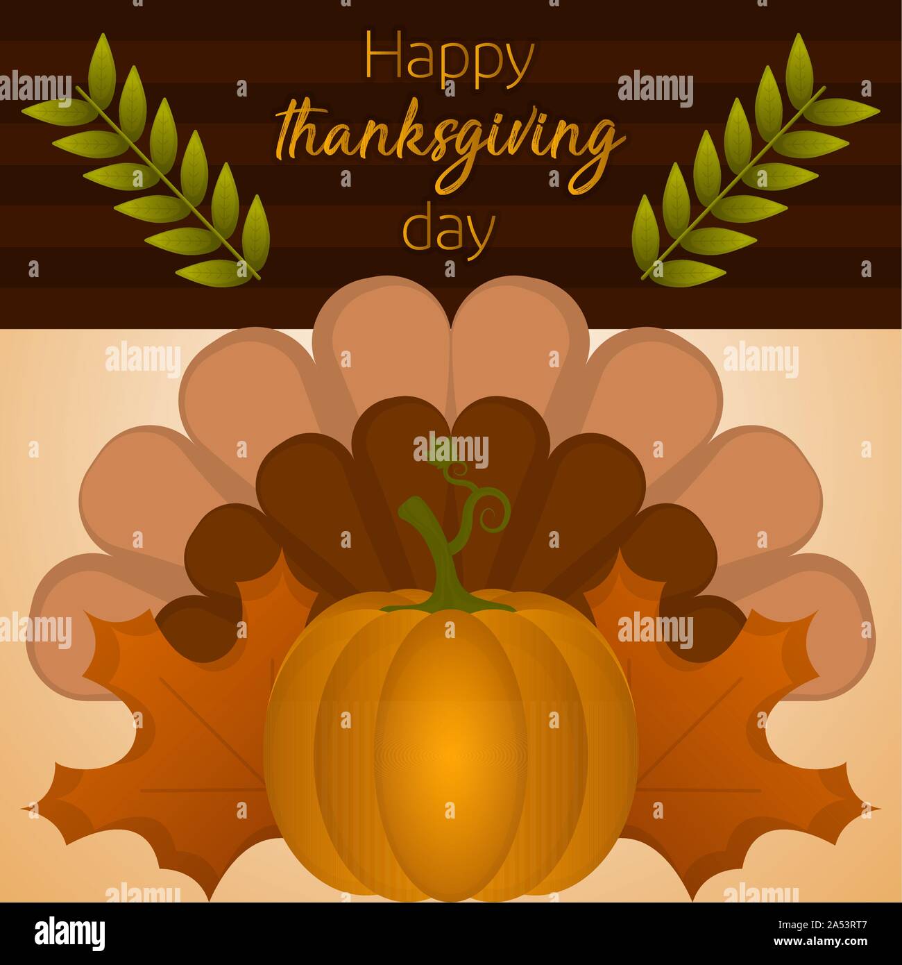 Happy thanksgiving day card with a turkey feathers, pumpkin and leaves ...