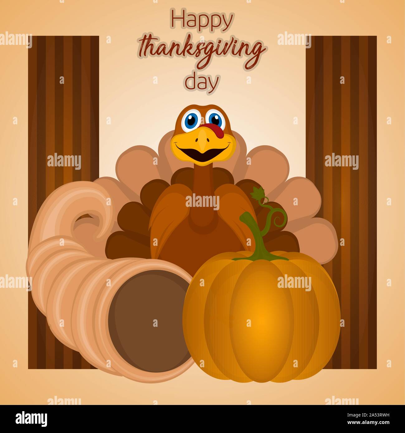 Happy thanksgiving day card with a turkey, cornucopia and pumpkin ...