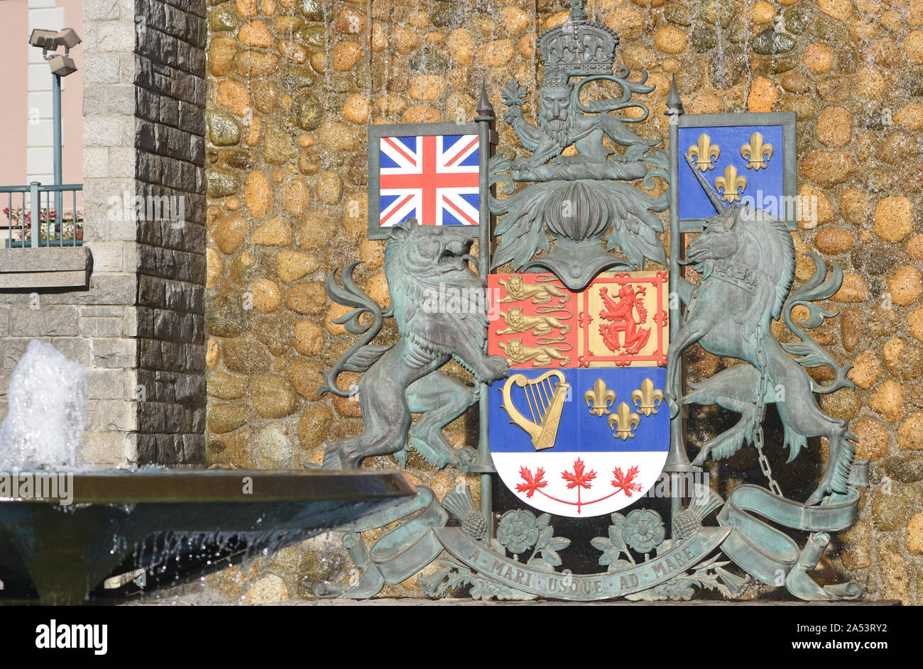 The Canadian coat of arms with the Canadian national motto ‘A Mari Usque Ad Mare’, from sea to sea. Belleville Street,  Victoria, British Columbia, Ca Stock Photo