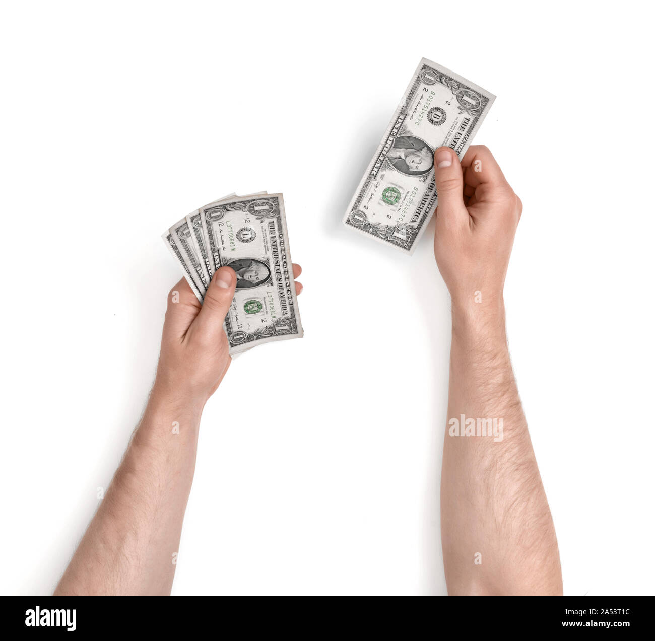Close up view of man's hands counting dollar bills, isolated on white background. Stock Photo