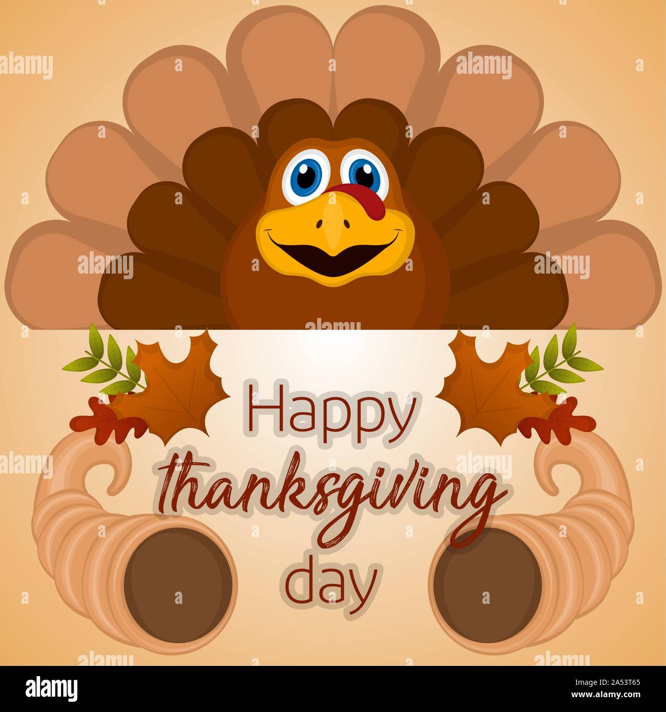 Happy thanksgiving day card with a turkey, cornucopia and leaves ...