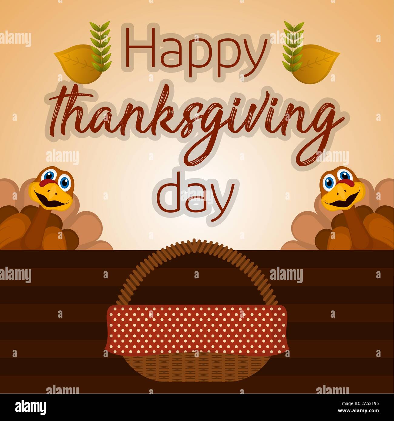 Happy thanksgiving day card with a turkeys and picnic basket - Vector Stock Vector