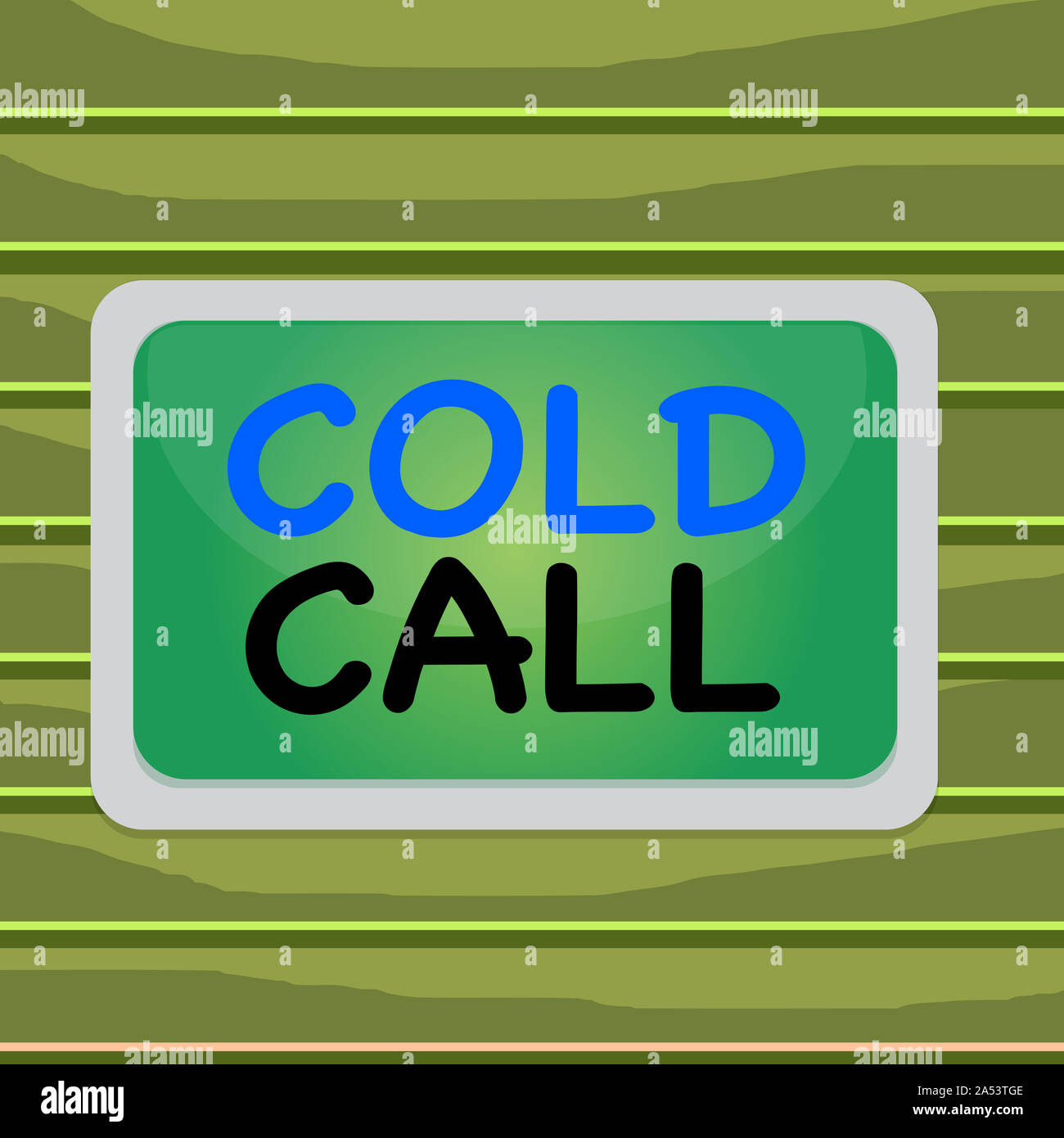 Conceptual hand writing showing Cold Call. Concept meaning Unsolicited call made by someone trying to sell goods or services Board rectangle white fra Stock Photo