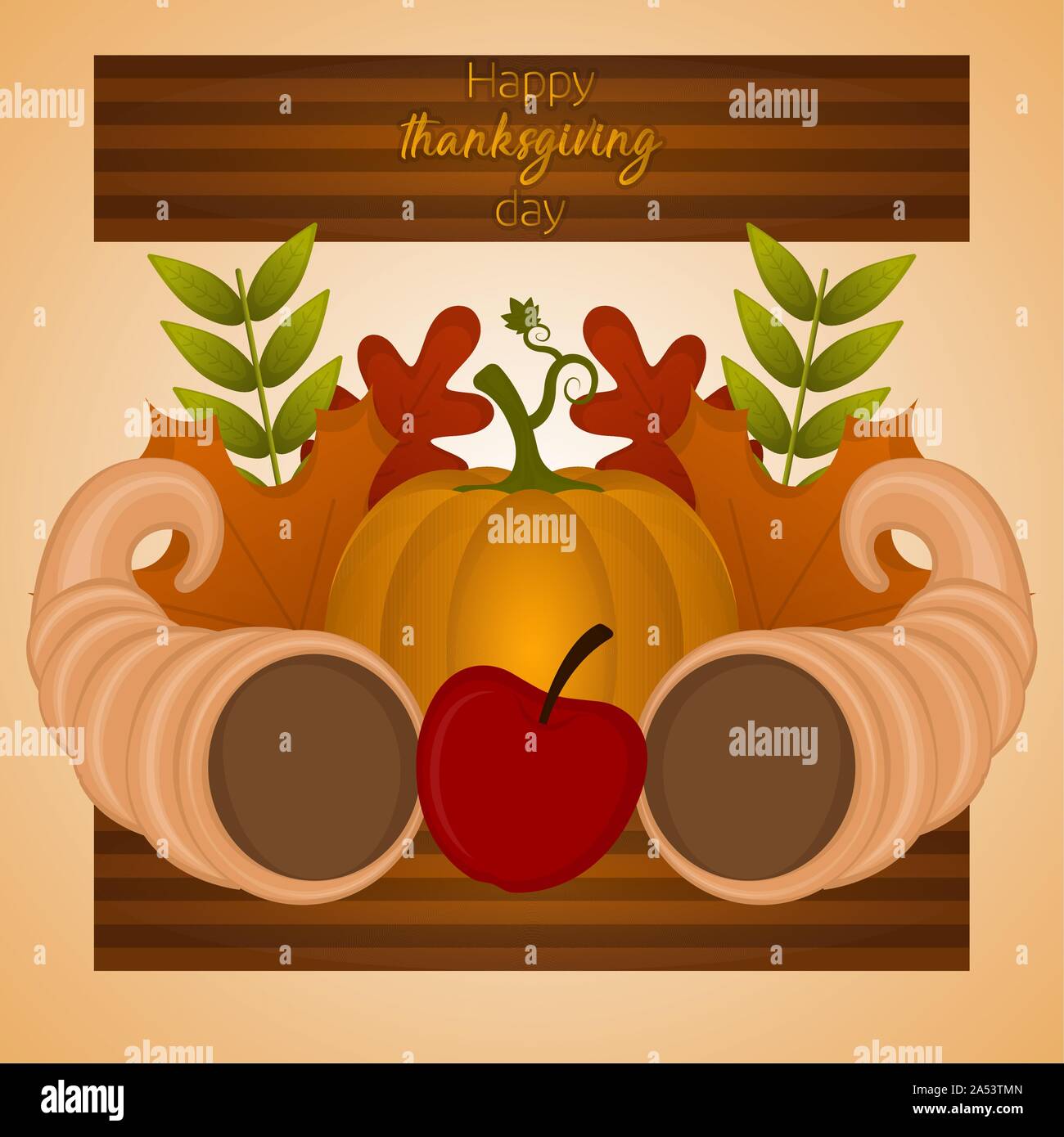 Happy thanksgiving day card with a cornucopia, pumpkin, apple and ...