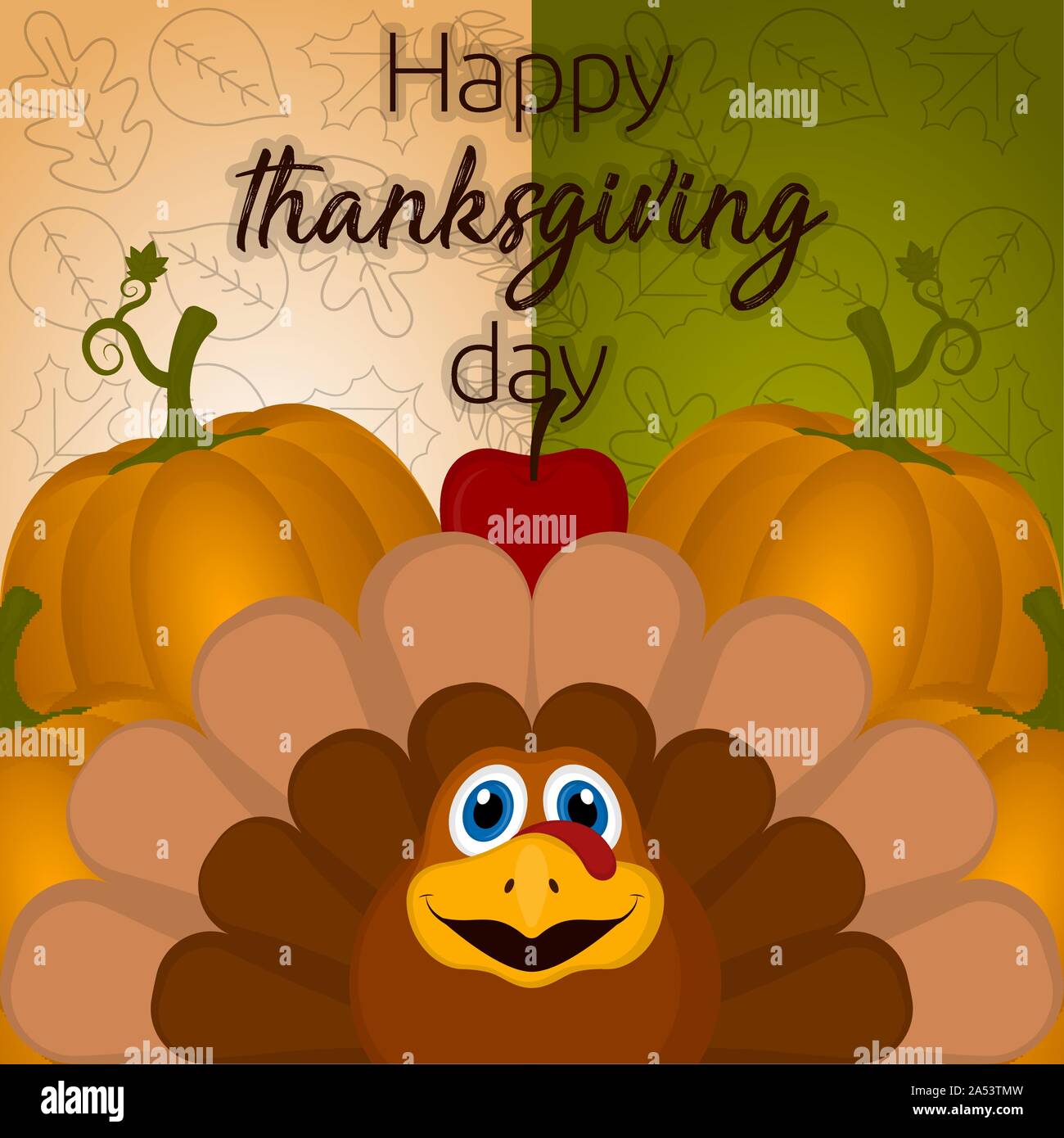 Happy thanksgiving day card with a turkey, pumpkins and apple - Vector ...