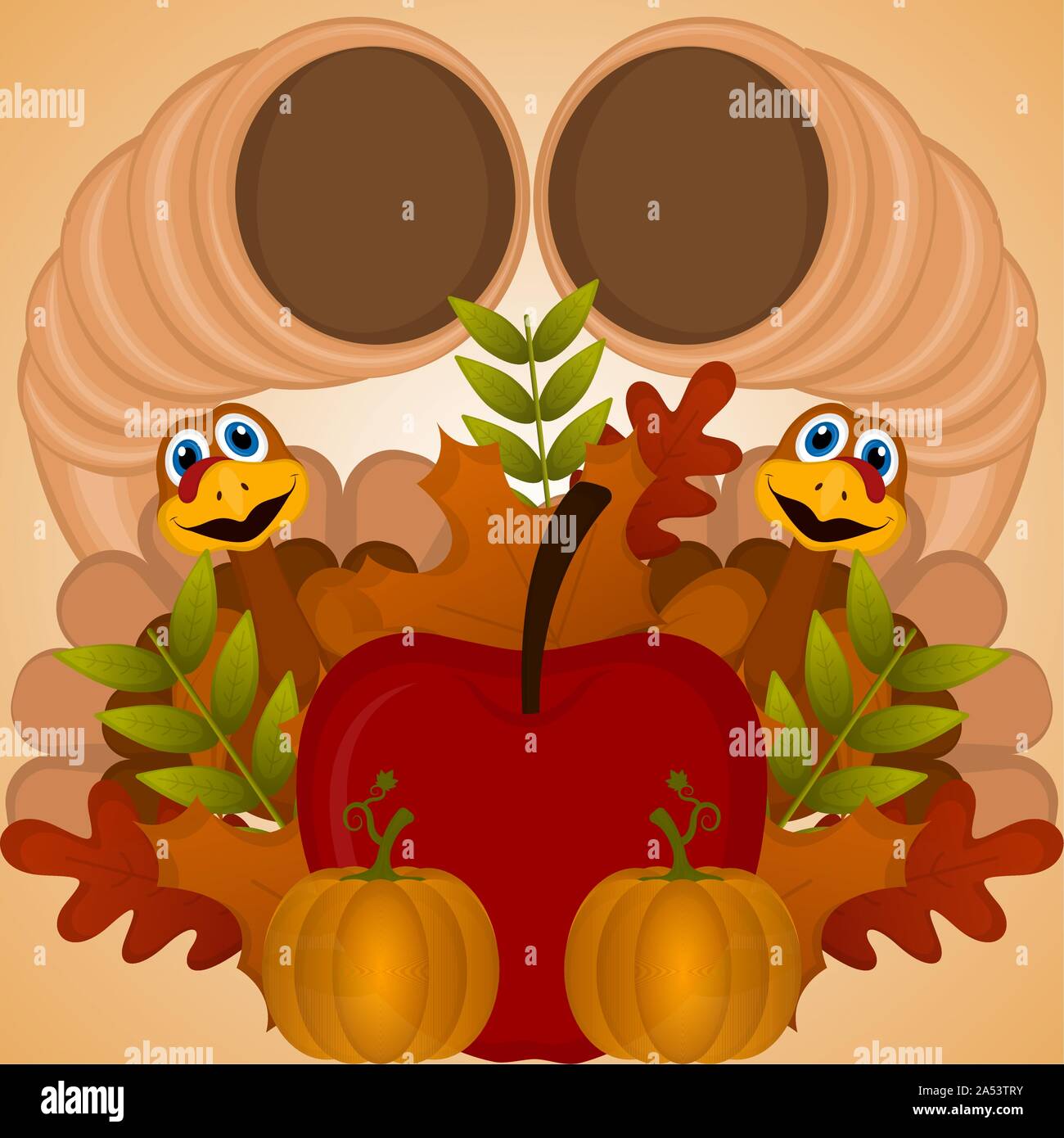 Happy thanksgiving day card with a turkeys, cornucopias, apple ...