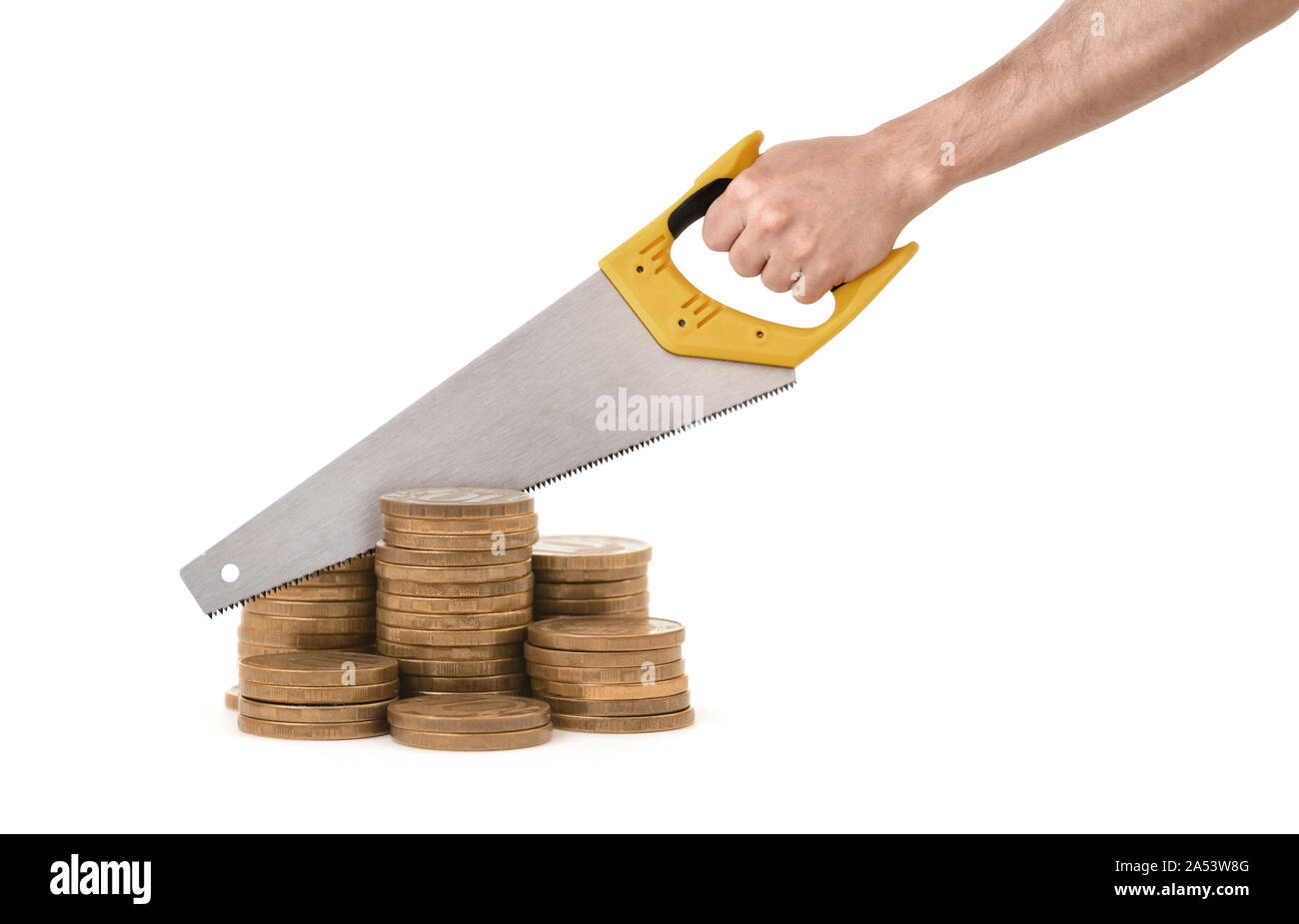 Golden coin columns on white background and giant hand with saw trying ...